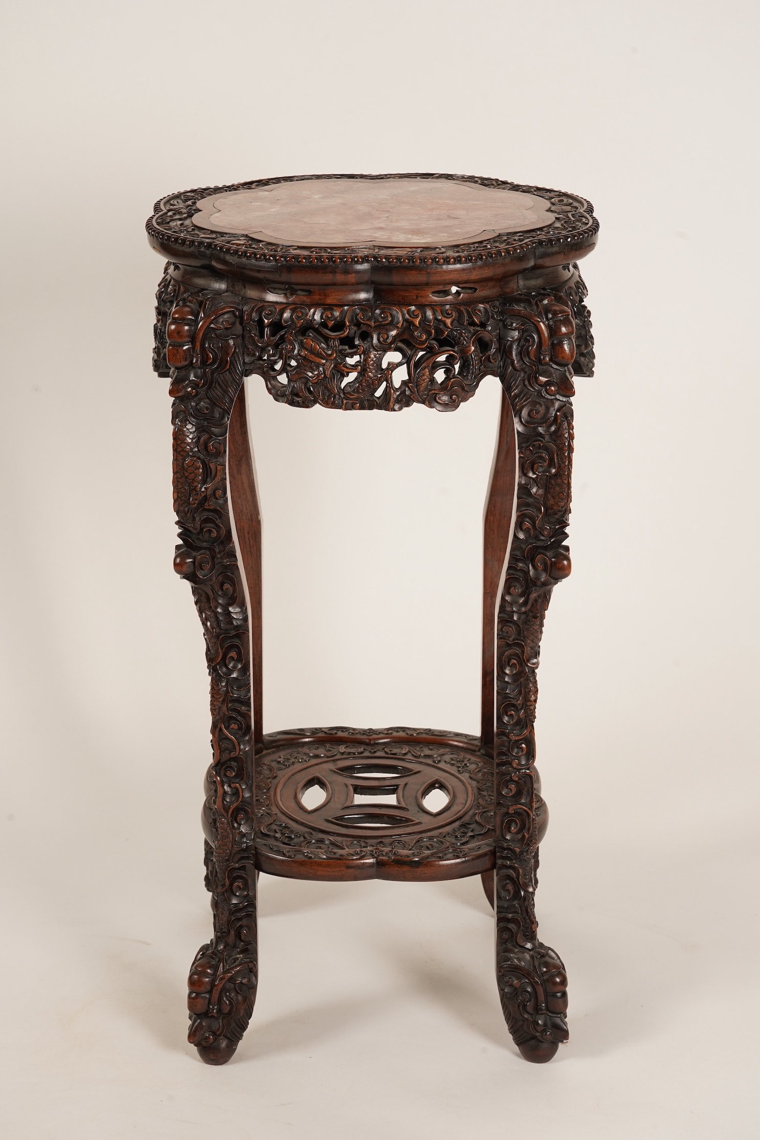 A Chinese hongmu and marble ‘dragon’ jardiniere stand, late 19th century